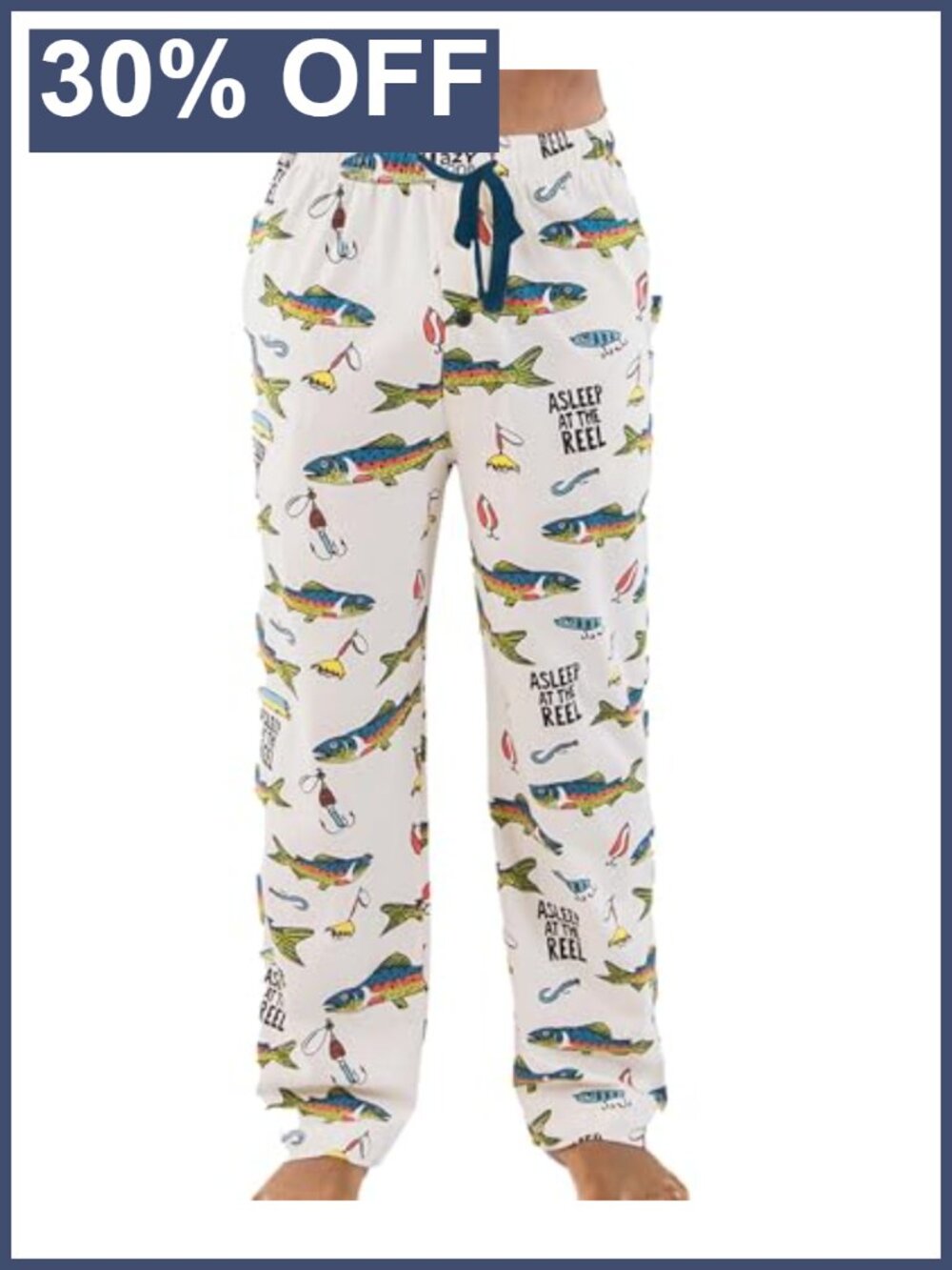 Men's Cotton Pajama Pants with Pockets, Novelty Fishing Print, Drawstring
